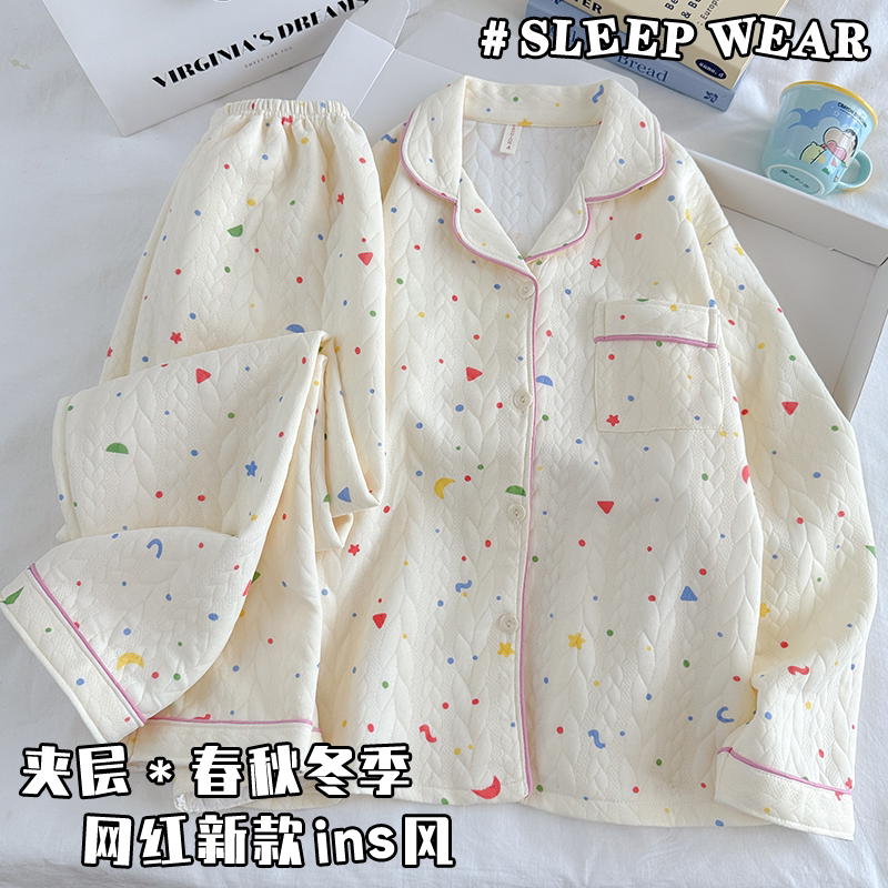夹层网红空气棉开衫睡衣长袖女款秋冬季卡通家居服高颜值套装保暖