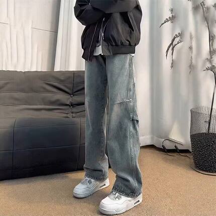 美式水洗蓝色解构铆钉工装牛仔裤男款cleanfit潮牌伐木裤微喇长裤