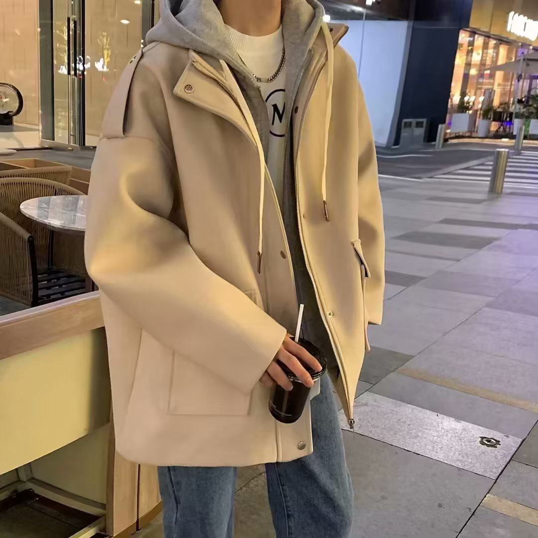 假两件外套男秋季新款潮牌宽松百搭情侣款连帽风衣美式港风呢大衣