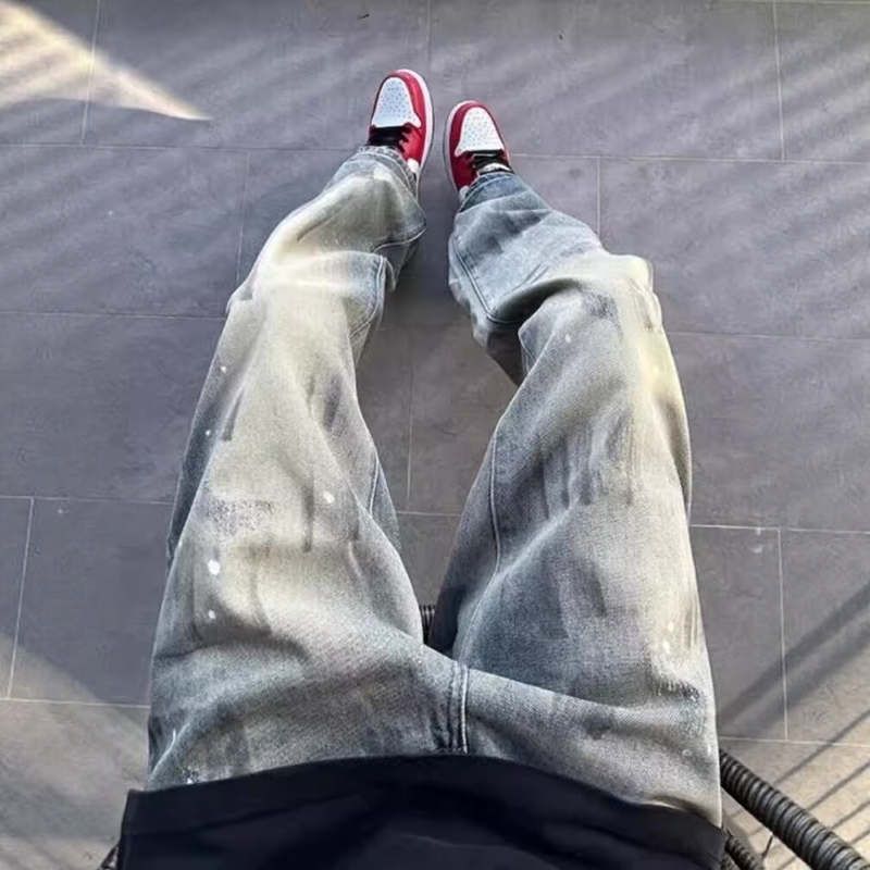 美式泼墨直筒牛仔裤男款欧美高街vibe裤子水洗脏染修身高腰微喇裤