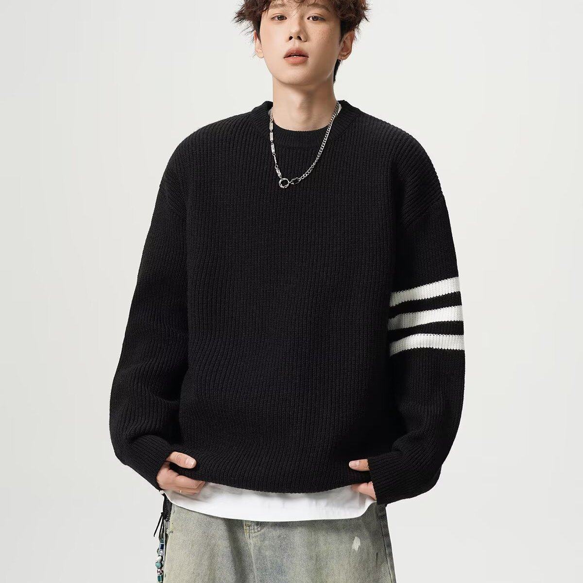 红色条纹圆领毛衣男款冬季高级感内搭针织衫本命年美式三条杠外套