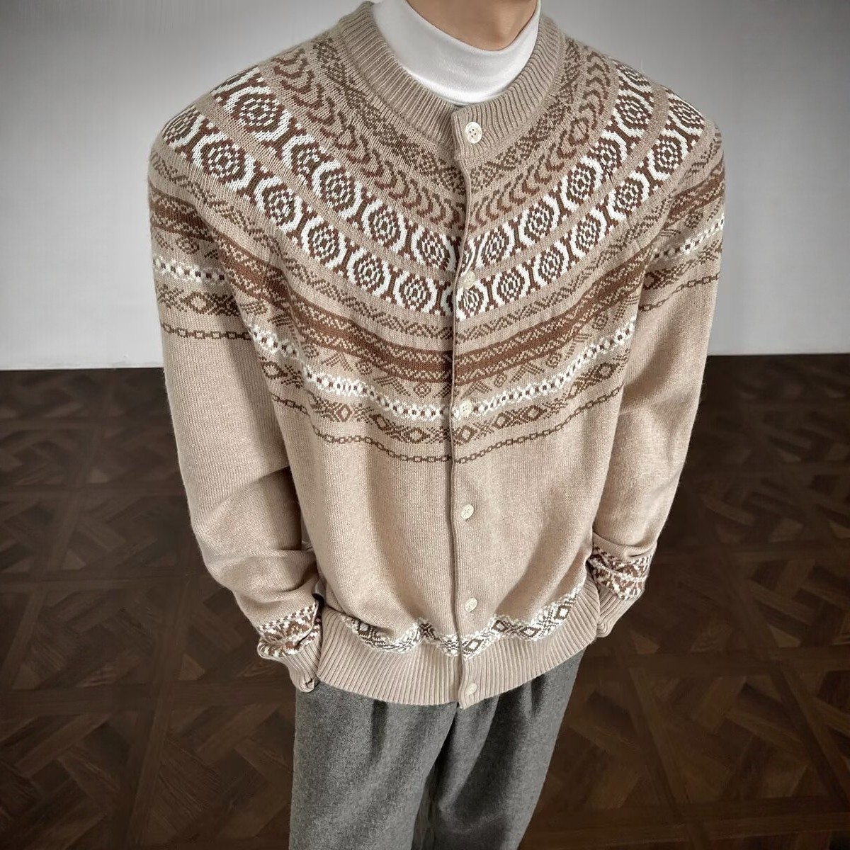 老钱风费尔岛提花圆领开衫毛衣男秋季痞帅高级感氛围感针织衫外套