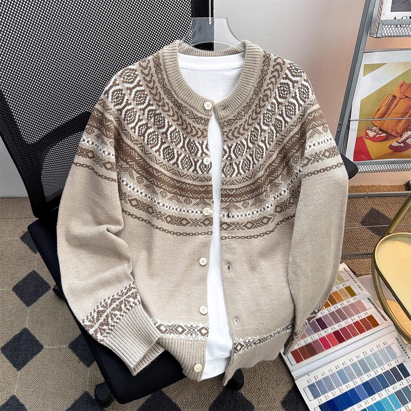 灰色老钱风费尔岛提花针织衬衫男秋冬季高级感情侣外套毛衣开衫