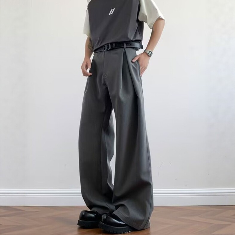 老钱风黑色工字褶西裤男款高级感痞帅美式A字阔腿裤子休闲弯刀裤