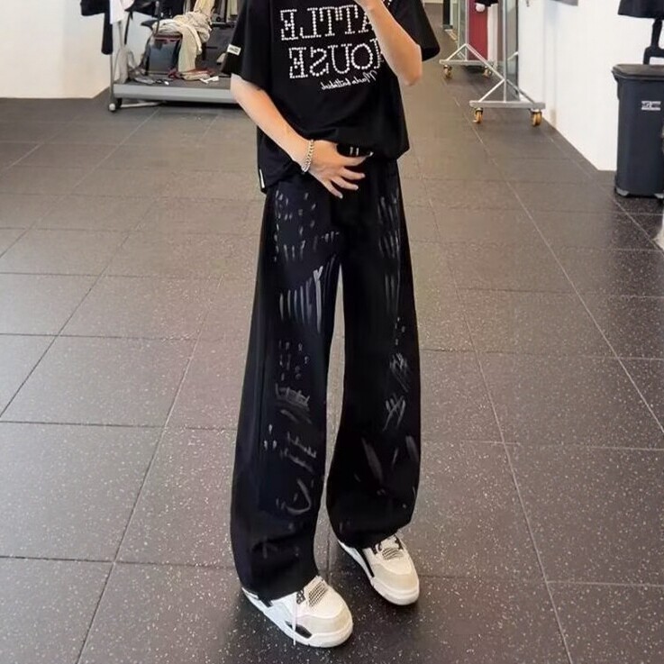 白色泼墨涂鸦牛仔裤男款秋季美式高街vibe裤子直筒弯刀提档微喇裤