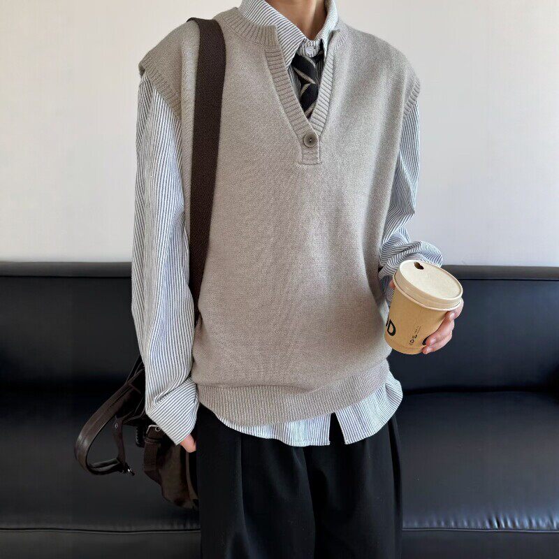 藏青色v领针织背心马甲男秋季