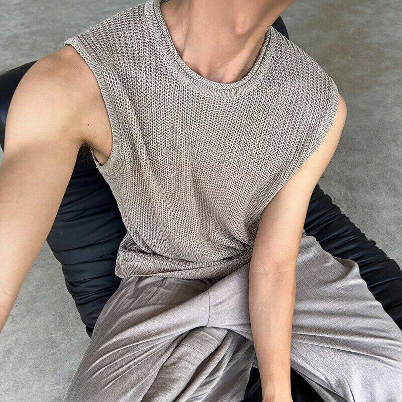 百搭透气毛织背心男款潮流痞帅高级感夏季复古宽松无袖坎肩老钱风