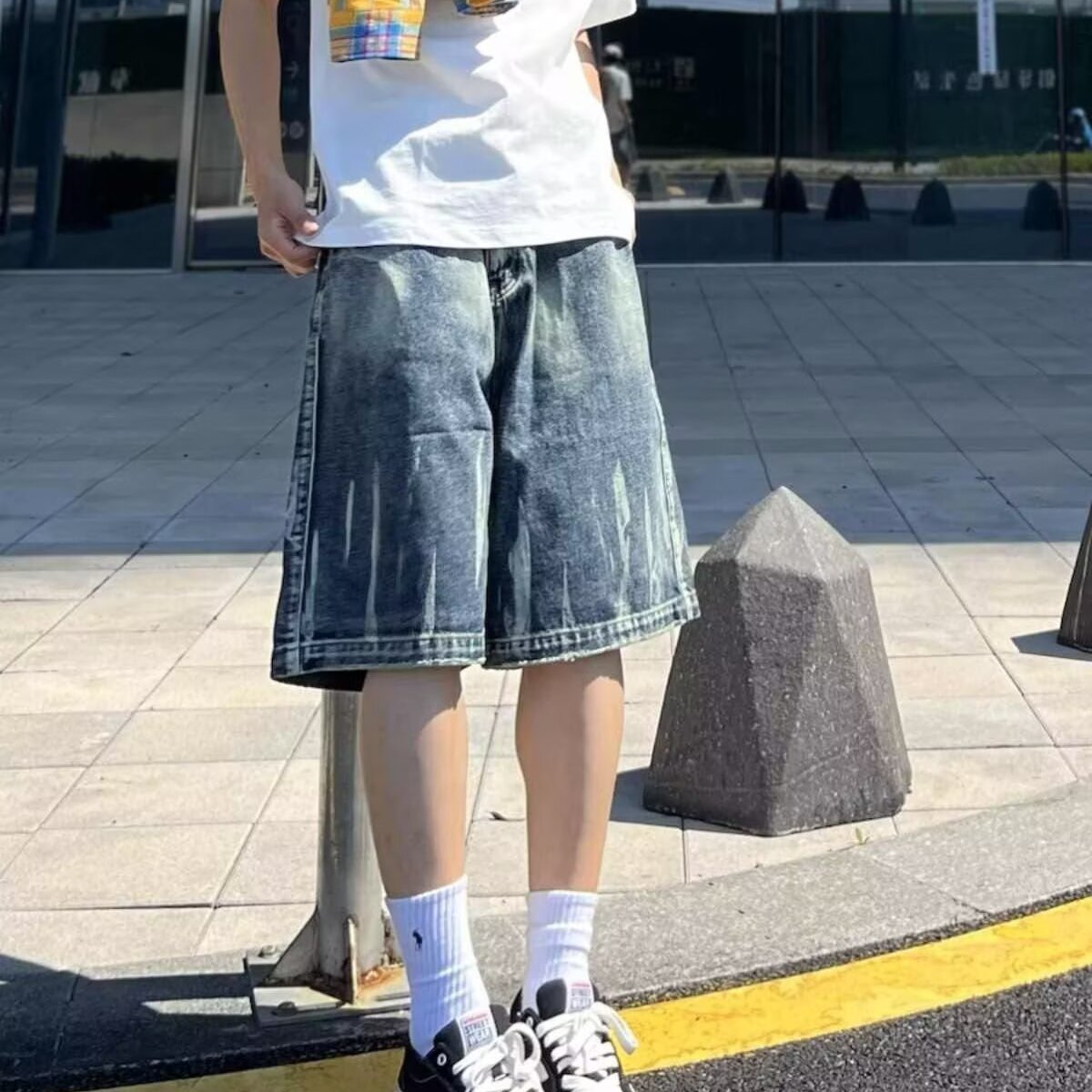 美式街头闪电纹牛仔短裤男2025新款夏季穿搭七分裤子扎染直筒马裤