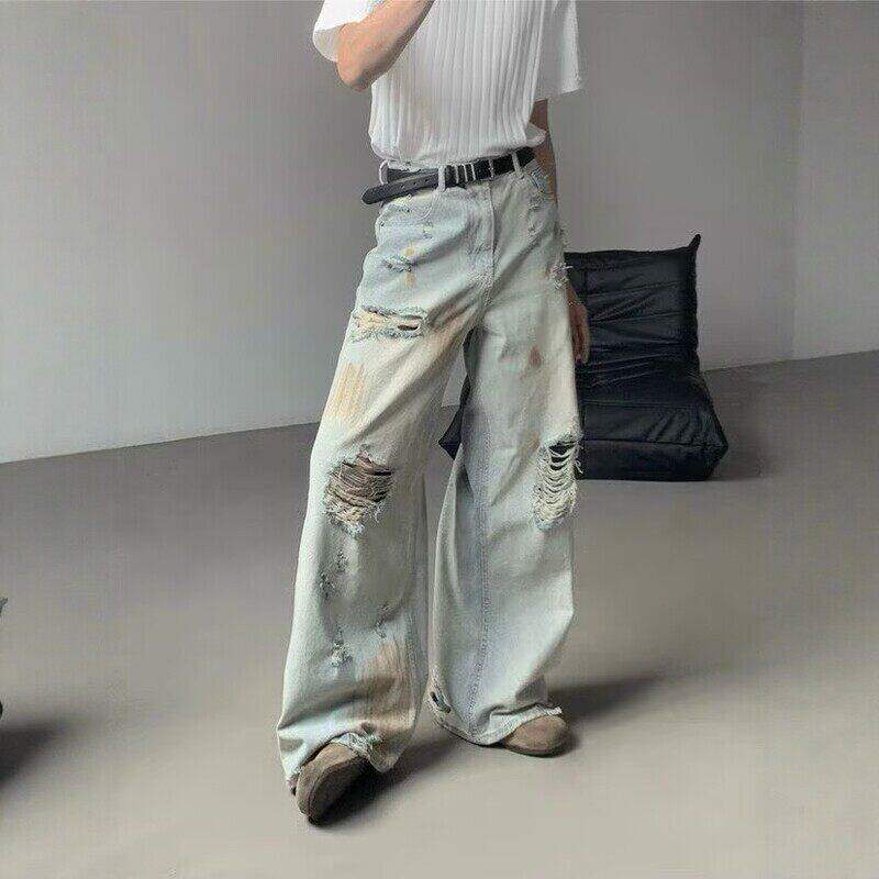 美式男装街头做旧擦色破洞牛仔裤