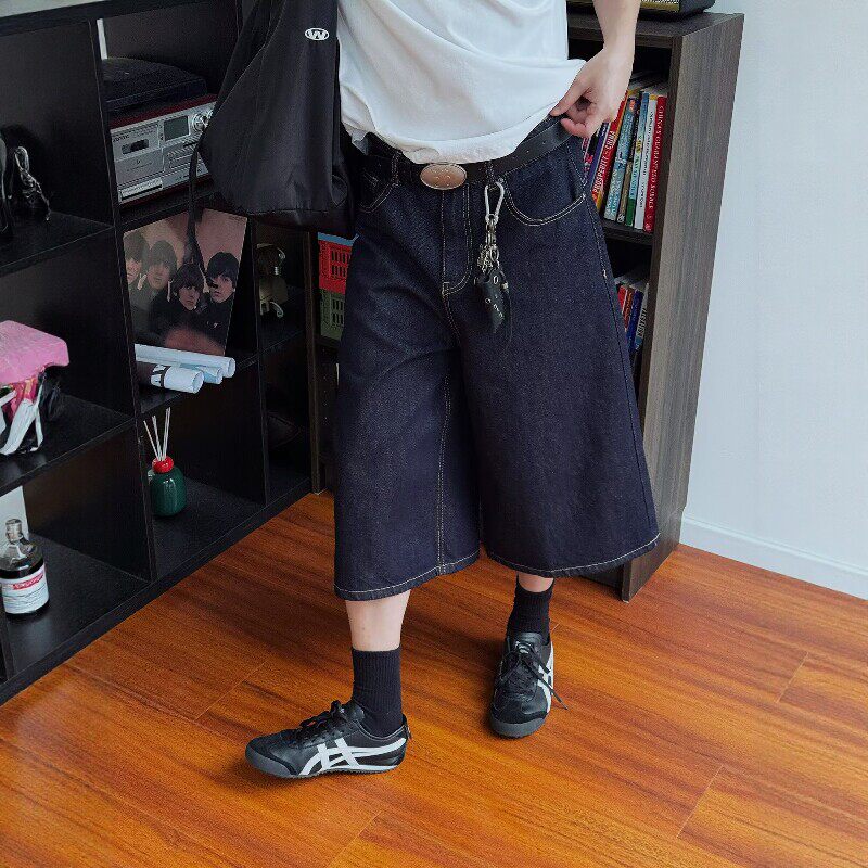 复古cleanfit丹宁蓝色七分牛仔裤