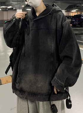 蓝色复古水洗牛仔连帽卫衣男秋季
