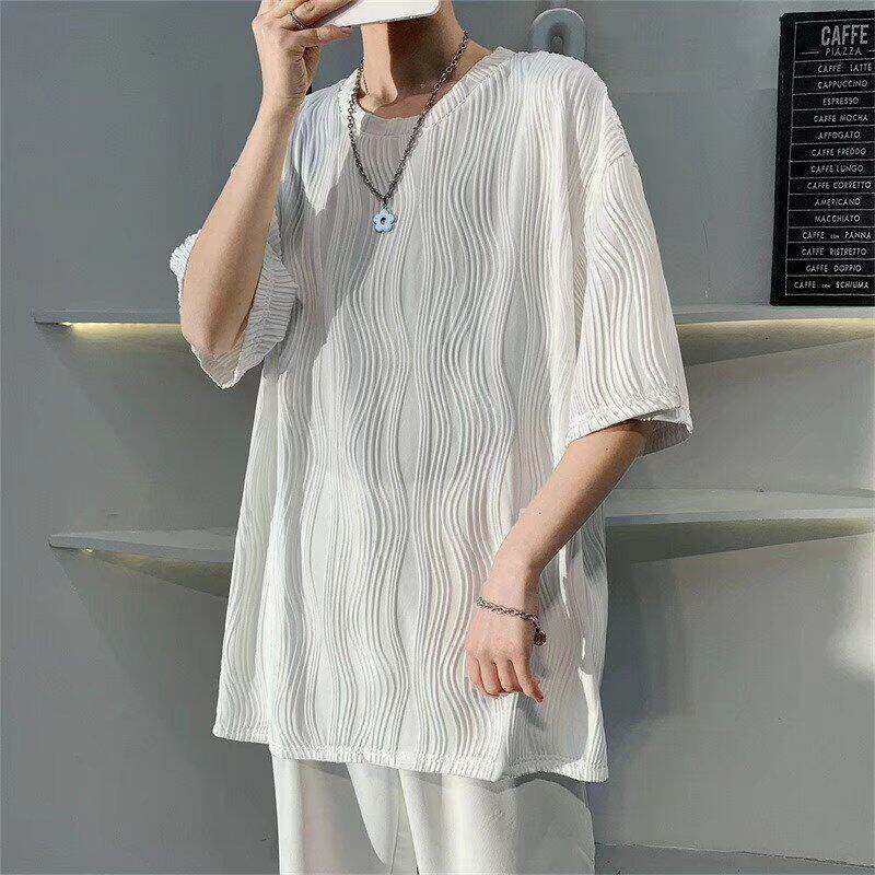 冰丝短袖T恤男潮牌夏季2026新款宽松大码七分袖薄款休闲半袖上衣