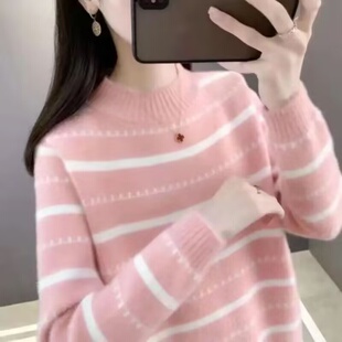仿水貂横条纹拼色加厚毛衣冬季韩版半高领时尚洋气宽松百搭打底衫