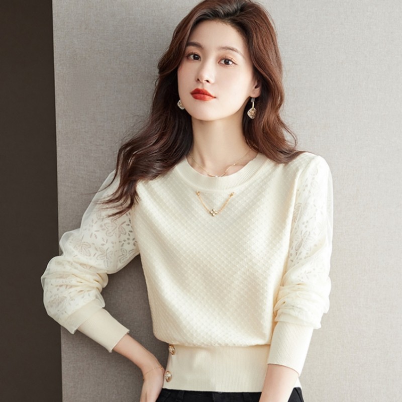 2025春秋新款蕾丝拼接毛衣女士长袖宽松时尚洋气针织打底小衫上衣