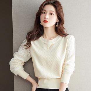 2026春秋新款蕾丝拼接毛衣女士长袖宽松时尚洋气针织打底小衫上衣