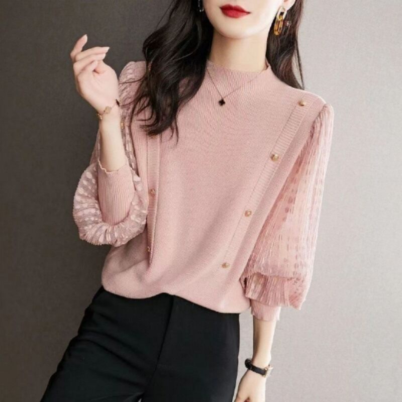 小香风蕾丝拼接针织衫女套头长袖灯笼袖粉色设计感打底衫时尚上衣