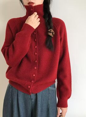 复古红色ins高领针织开衫女