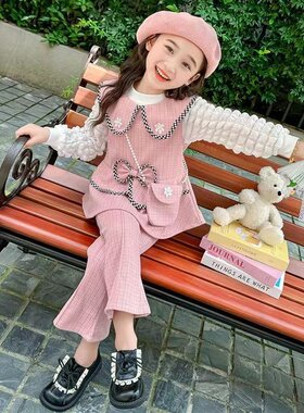 2-10岁春秋女童套装甜美蝴蝶结粉色马甲休闲长裤打底衫上衣三件