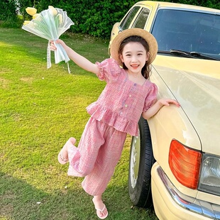 3-14岁女童套装夏季洋气时髦女宝宝韩范短袖两件套儿童夏装彩扣