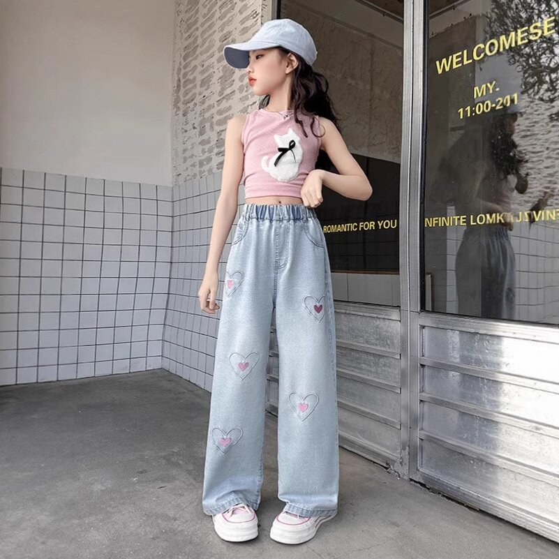 3-6岁夏季女童刺绣牛仔裤子新款洋气女孩宽松透气天丝防蚊牛仔裤