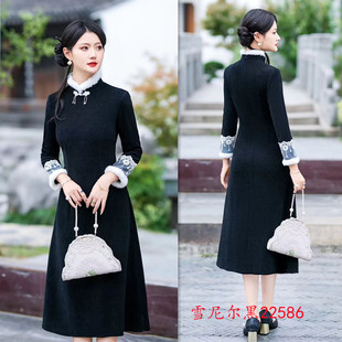 时尚改良新中式长款雪尼尔A版旗袍裙 2025冬季新款日常可穿中长款