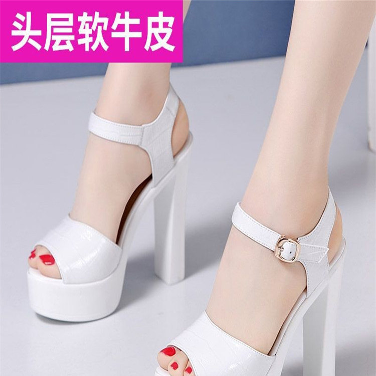 白色真皮模特走秀凉鞋女2025新款超高跟粗跟防水台一字扣带女鞋夏