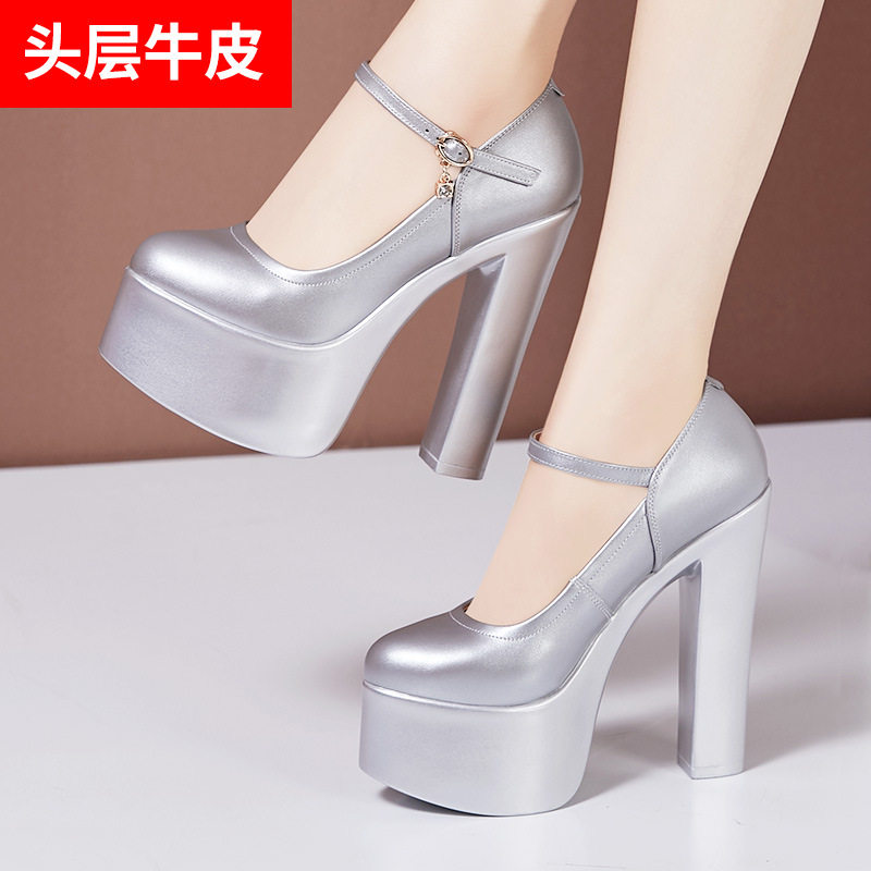 银色真皮尖头T台旗袍走秀高跟防水台粗跟15cm恨天高演出模特鞋女