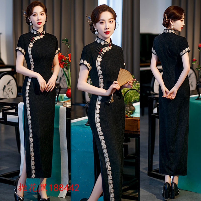 黑色旗袍长款春秋短袖复古老上海