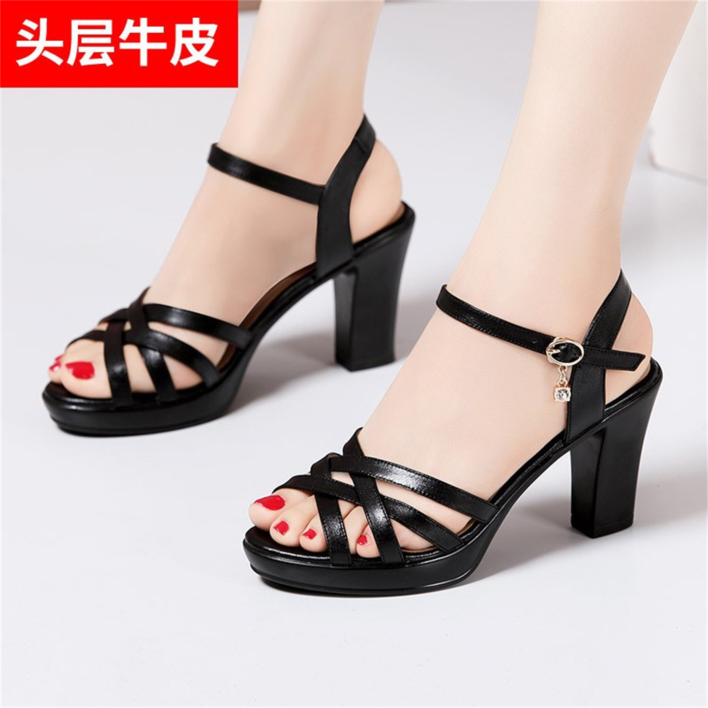 黑色真皮T台模特走秀鞋防水台鱼嘴8cm高跟粗跟大码40-43凉鞋女夏