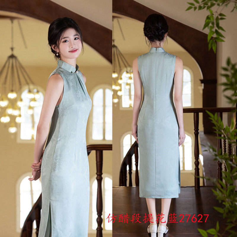 时尚改良新中式长款无袖少女款提花旗袍2025春夏新款日常可穿旗袍