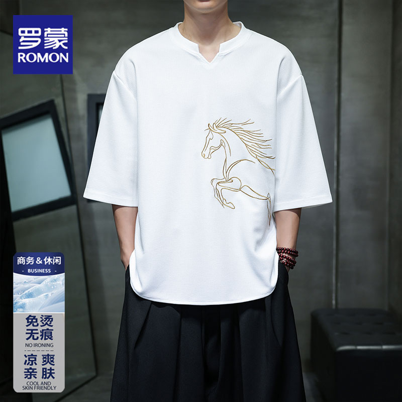 罗蒙夏季休闲透气男士五分袖T恤