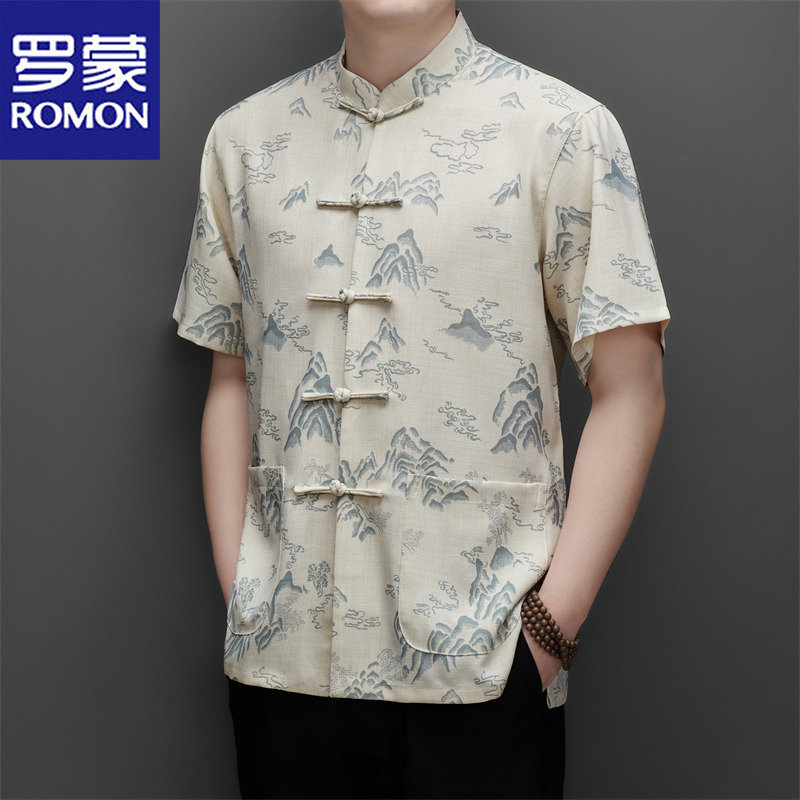 罗蒙夏季新款中式唐装短袖衬衫男士休闲薄款去亲肤舒适国风衬衣