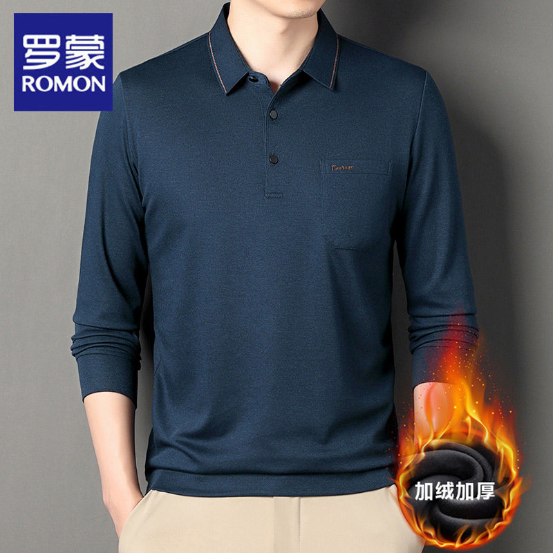 罗蒙秋冬季长袖t恤男2025新款加绒加厚POLO衫中年爸爸翻领体恤衫