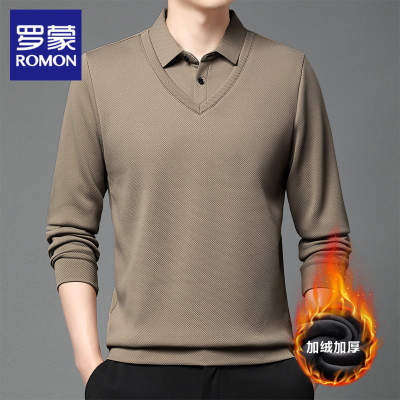 罗蒙波萝格假两件长袖POLO衫男2025冬季新款商务休闲加绒保暖T恤