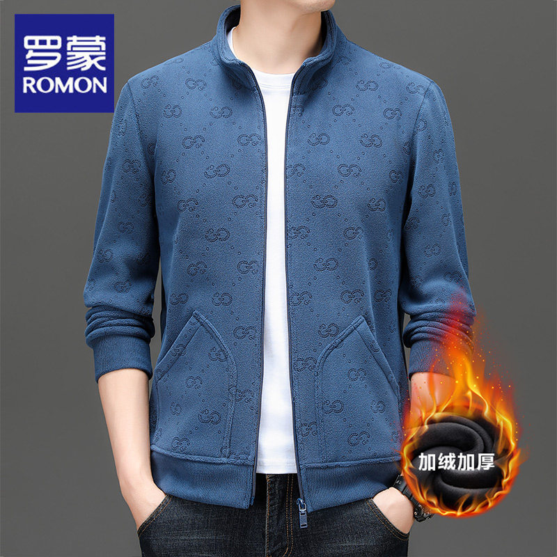 罗蒙奥粒绒新款棒球服男2025秋冬季加绒加厚印花拉链开衫夹克外套