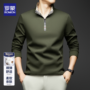 罗蒙2026春秋高端半拉链立领长袖t恤男士商务休闲亲肤棉纺上衣男