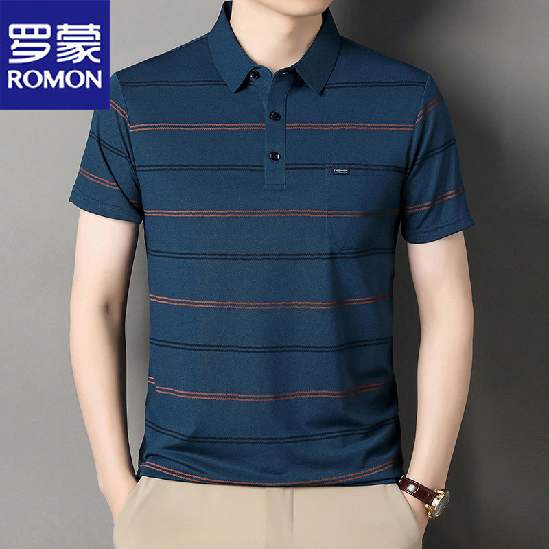 罗蒙夏季新款条纹短袖翻领T恤男士舒适透气冰丝凉感薄款Polo衫男