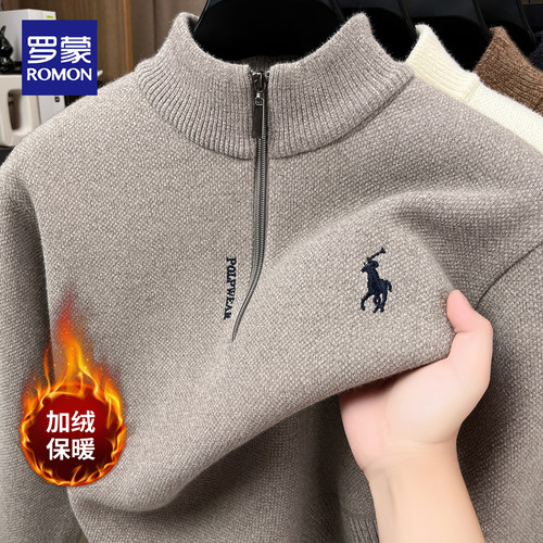 罗蒙加绒加厚保暖半拉链针织衫男