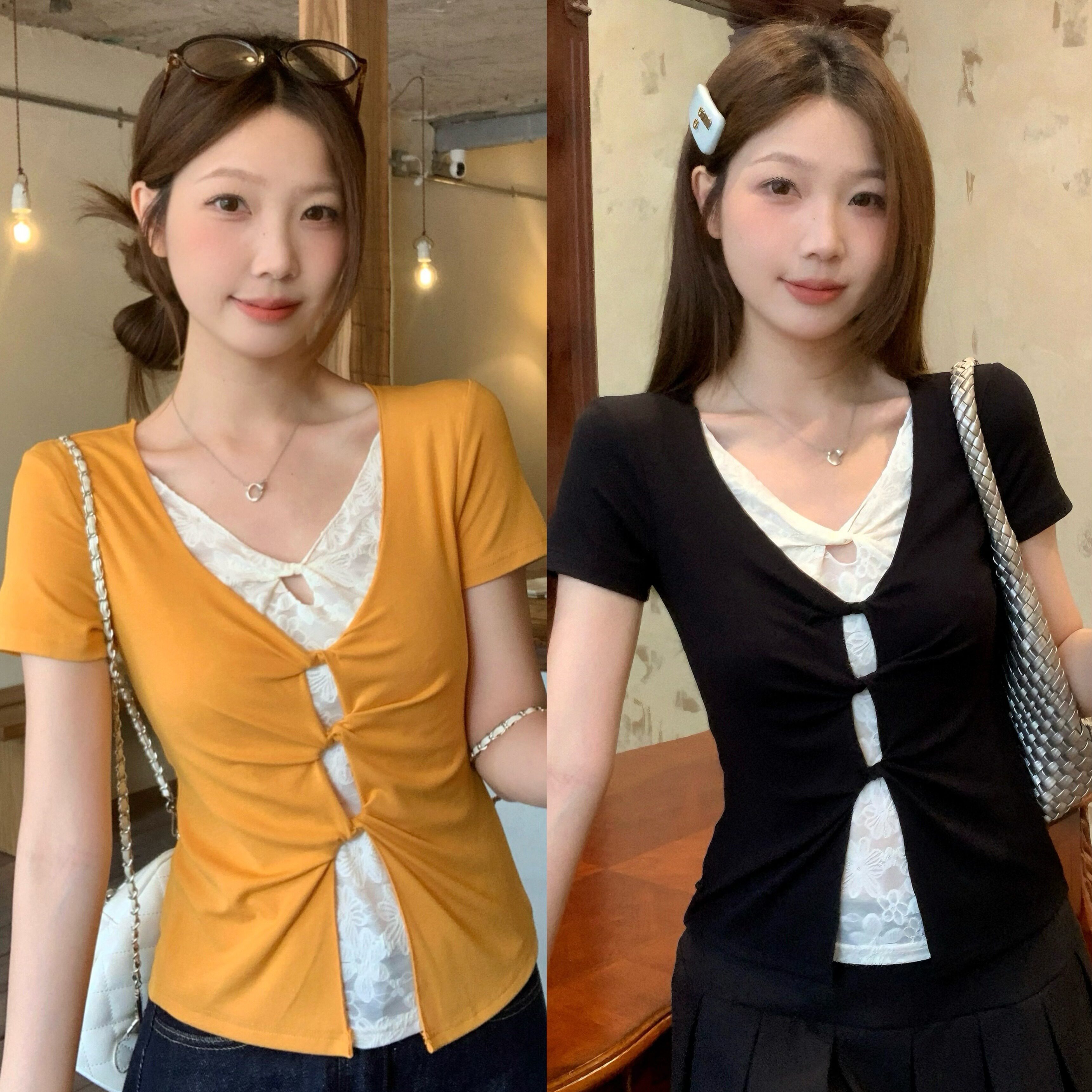 夏季假两件蕾丝哺乳显瘦T恤
