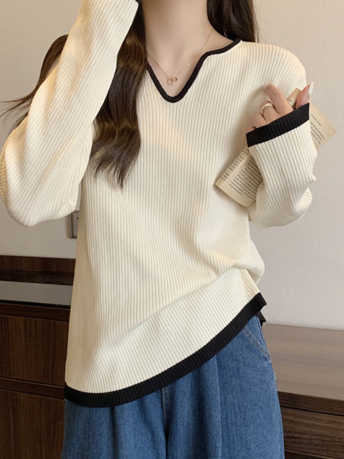 가을 겨울 플러스 사이즈 아웃 앤 아웃 수유 패셔너블 브이넥 스웨터 살을 커버하는 루즈한 산후 수유 스웨터 하의 탑 트렌디