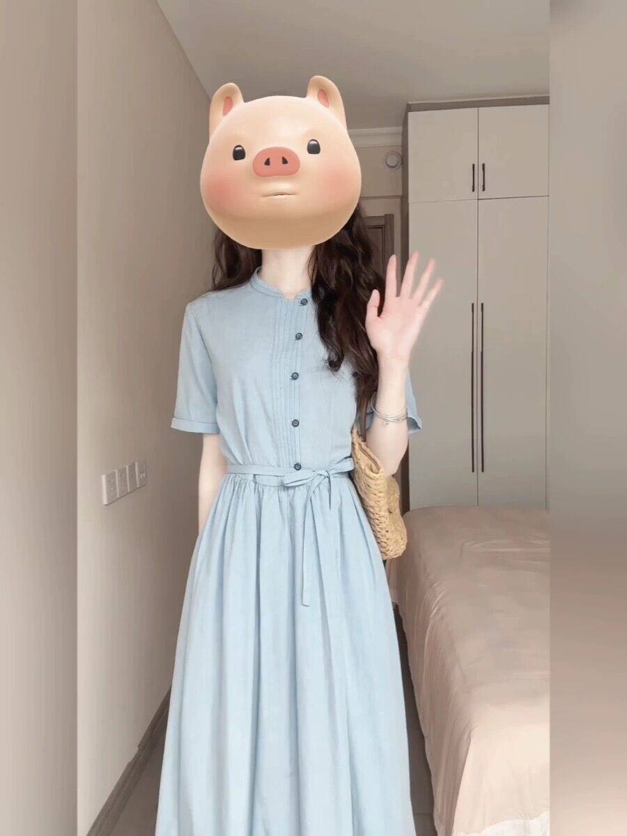 프렌치 블루 플리츠 핫 맘 스타일 아웃 앤 아웃 간호 셔츠 드레스 여름 허리 슬리밍 산후 간호 롱 스커트