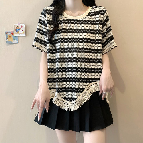 夏季条纹短袖哺乳针织T恤显瘦