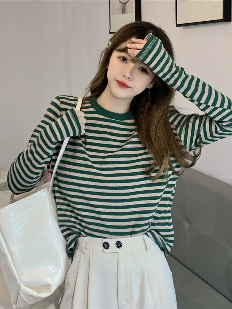줄무늬 바닥 셔츠 긴팔 핫맘 모유 수유 봄 가을 한국 스타일 느슨한 티셔츠 게으른 스타일 나들이 모유 수유 탑