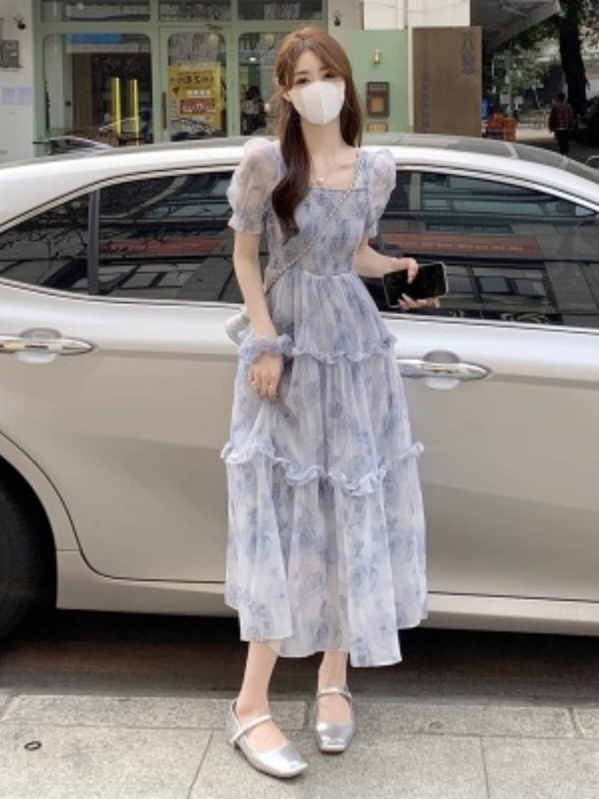 핫맘스타일 아웃핏 수유복 스퀘어넥 꽃무늬 원피스 슬림한 허리 젠틀한 스타일 산후수유복 여름