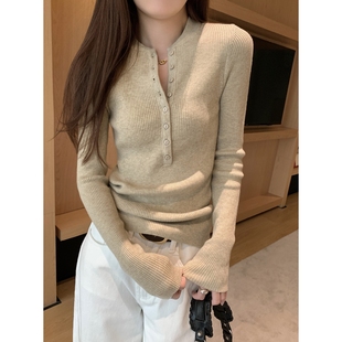 纽扣百搭打底衫 修身 毛衣产后喂奶上衣 外出哺乳针织衫 秋冬辣妈款