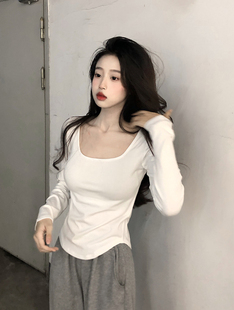 显瘦产后喂奶上衣内搭春秋 T恤大码 方领长袖 纯棉辣妈外出哺乳修身