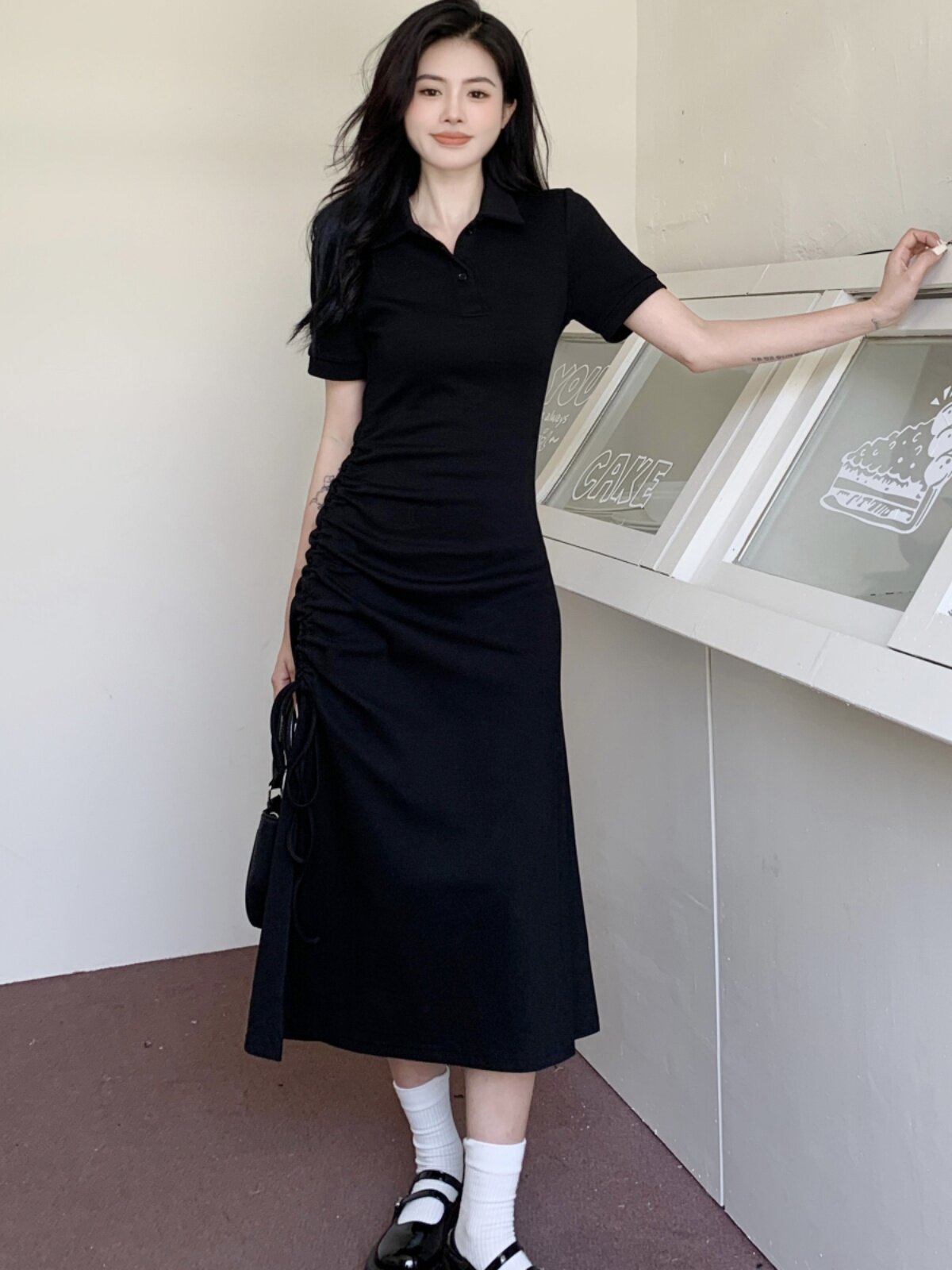 외출시 수유맘을 위한 블랙 폴로원피스 조임끈 허리 슬릿 여름 플러스 사이즈 산후 모유수유 롱원피스