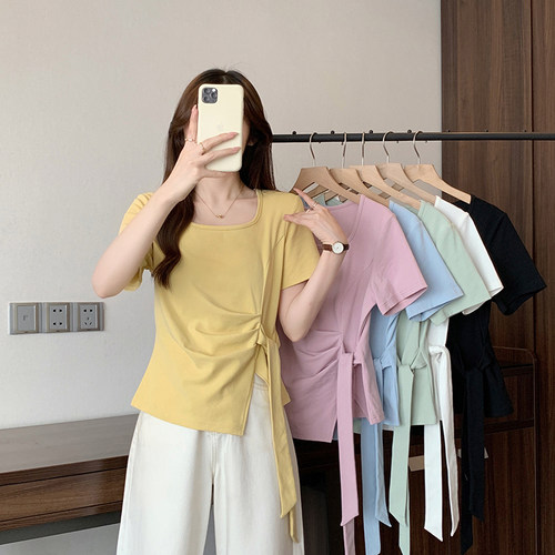 夏装大码辣妈款外出哺乳短袖法式方领不规则绑带产后喂奶纯棉T恤