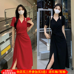夏季新款收腰显瘦辣妈款外出哺乳连衣裙开叉气质挂脖产后喂奶长裙