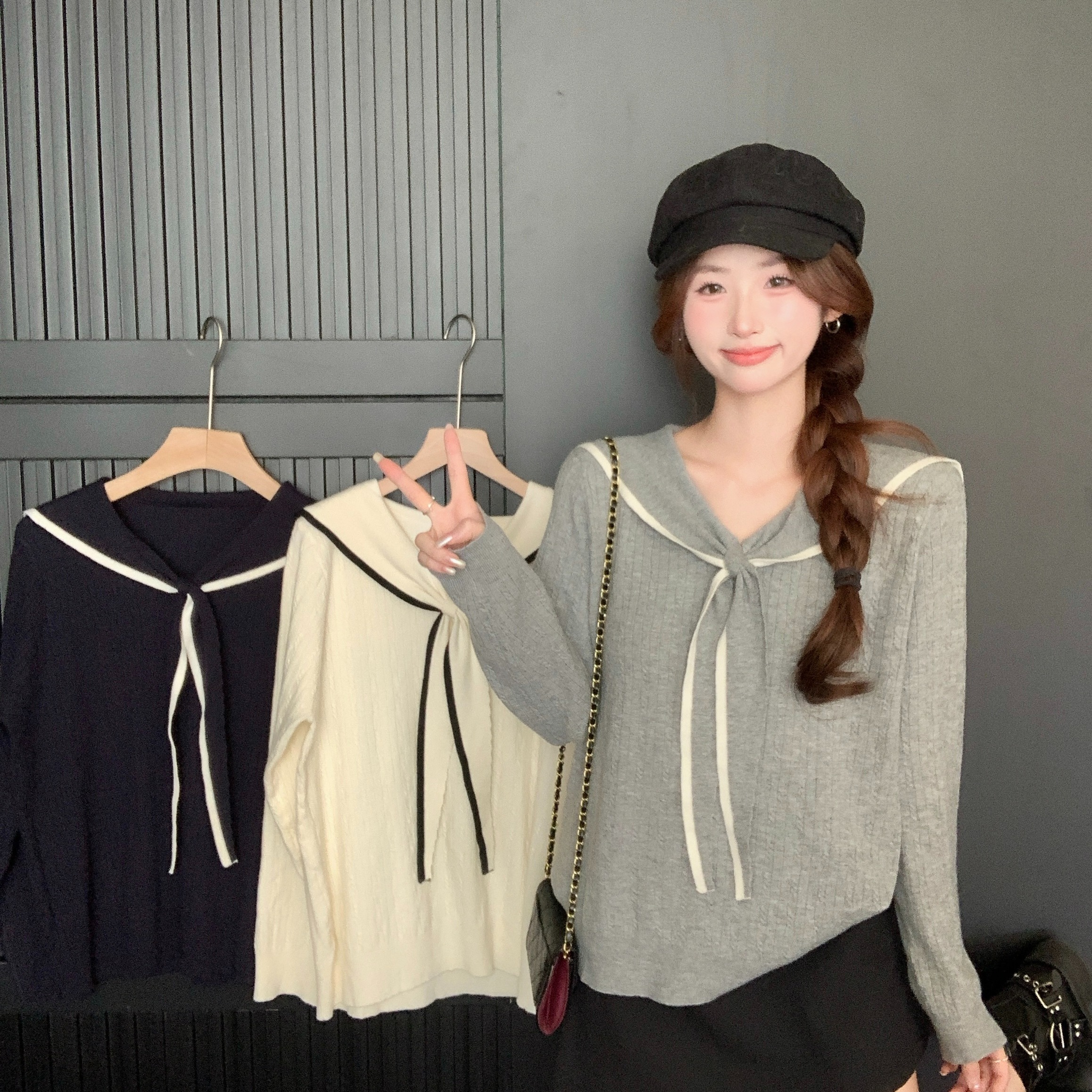 秋冬学院风海军领辣妈外出哺乳针织衫宽松遮肚产后喂奶打底衫上衣